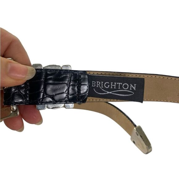 Brighton Black Leather Belt with Silver Accents croc embossed - Picture 2 of 4